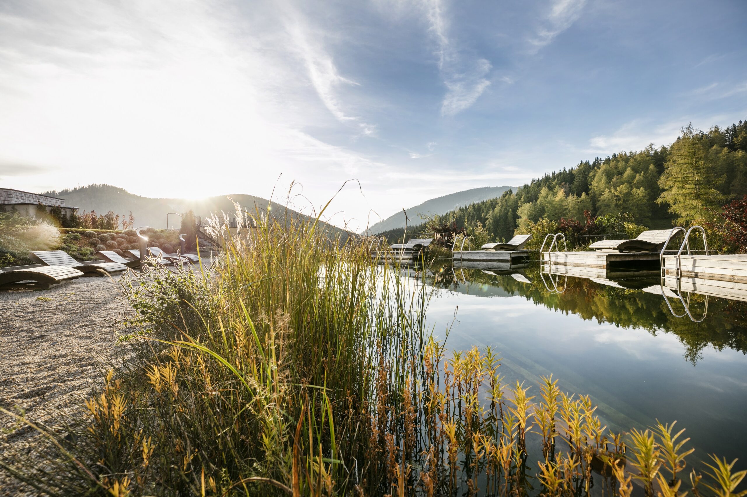 Der Almstrand des Almwellness Hotel Pierer liegt eingebettet in die sanfte Hügellandschaft der Teichalm und bietet direkten Zugang zu einem beheizten Naturschwimmteich.