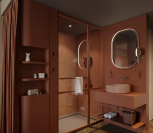 Badezimmer in sanften Brauntönen.