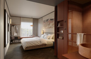 Ein Zimmer des Hotels mit großem Bett.