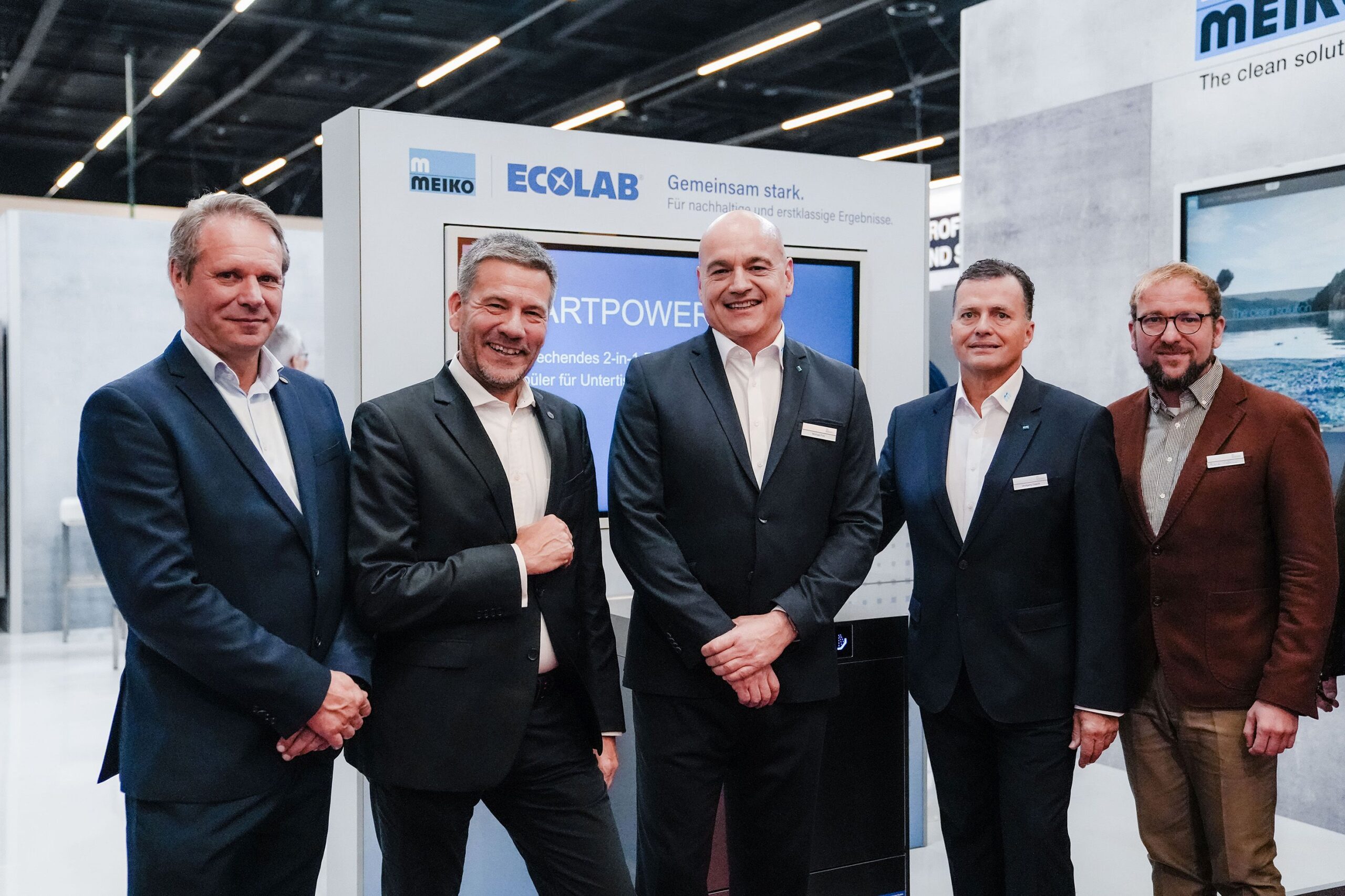 Thomas Boeck (Ecolab), Jens Urbanowski (Ecolab), Michael Fink (Meiko Austria), Wolfgang Diewok (Meiko Clean Solutions Eastern Europe), Patrick Hoffmann (Meiko Gruppe). (C) FRB media
