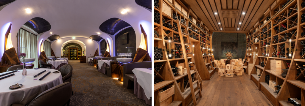Das Silvio Nickol Gourmet Restaurant und einer der historischen Weinkeller. 