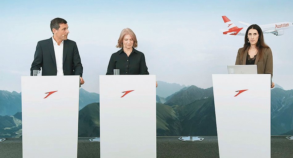 V.l.: Stefan-Kenan Scheib / COO Austrian Airlines, Annette Mann / Vorstandsvorsitzende Austrian Airlines und Anita Kiefer / Pressesprecherin Austrian Airlines